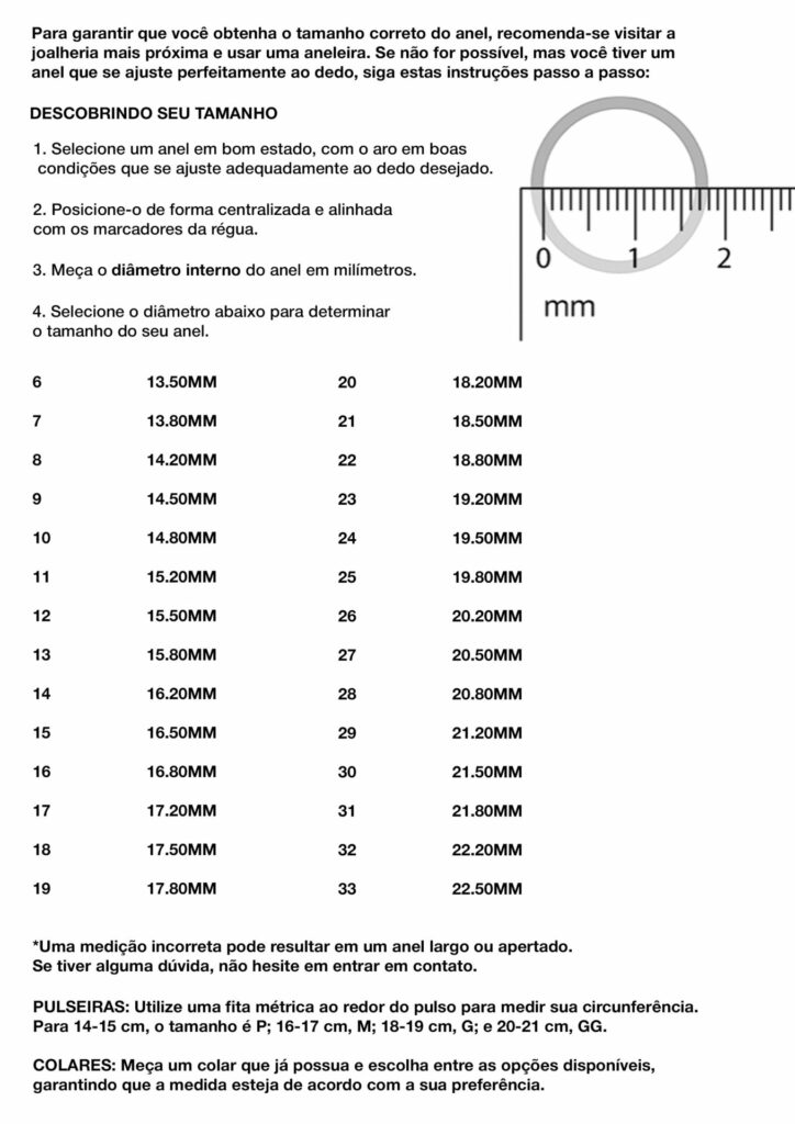 Guia completo de medidas de anéis para ajudar na escolha do tamanho perfeito. Tabela prática para encontrar o ajuste ideal em joias de autor e anéis personalizados.